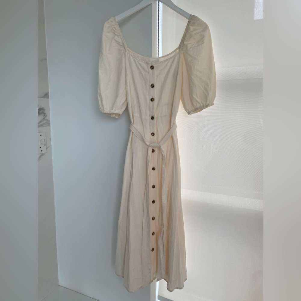 H&M Creped Cotton Dress Puff Sleeves Square Neckline Cream Size Small